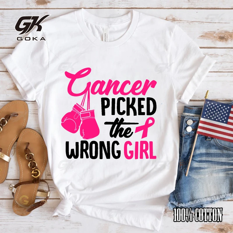 Women Men Funny Breast Cancer Awareness Cancer Picked The Wrong Girl Printed T-Shirt Summer Short Sleeved Tops