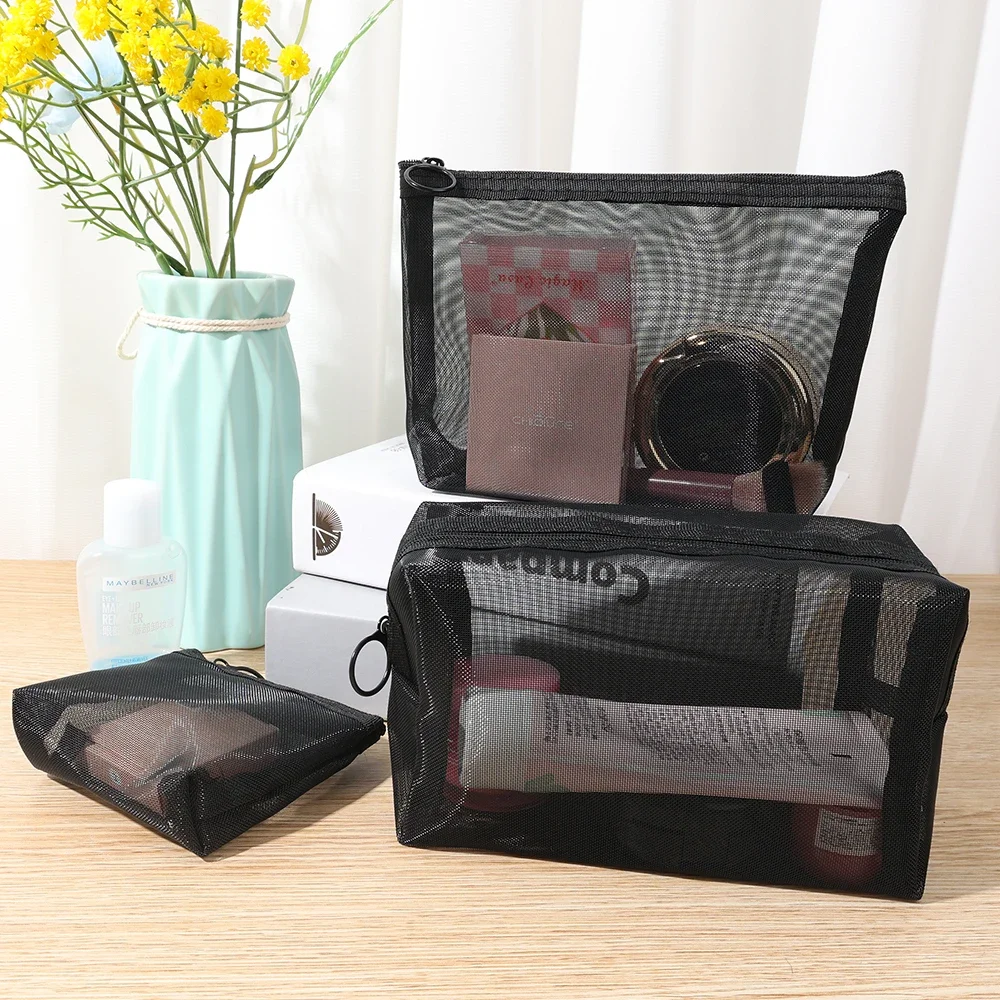 3PCS Zipper Make Up Toiletry Wash Bags Women Travel Black Mesh Cosmetic Bag Transparent Mesh Makeup Case Organizer Storage Pouch