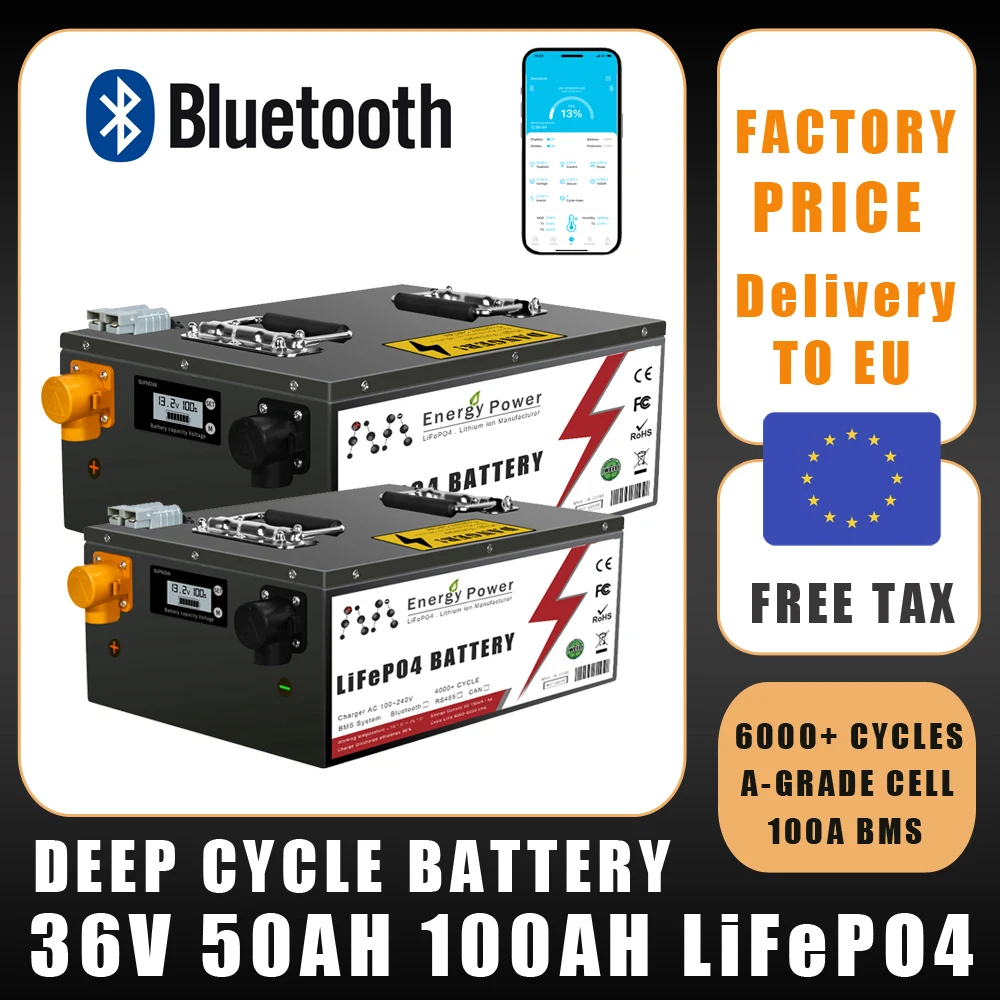 

36V 100Ah 200Ah LiFePO4 Battery Pack Built-in Bluetooth BMS Lithium Iron Phosphate For Solar RV Home Storage Boat Tax Free