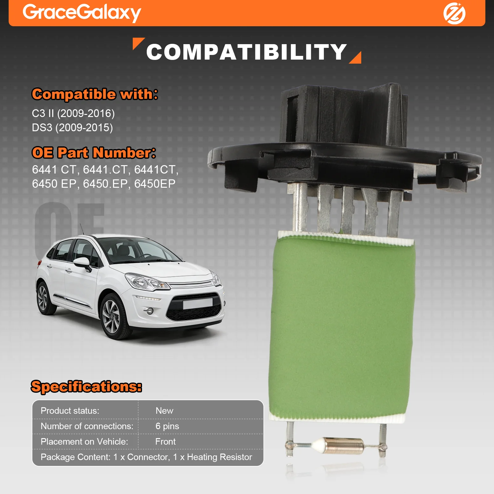 

Резистор электродвигателя вентилятора отопителя 6441CT 6450EP для Citroen C3 II 2009-2016, DS3 2009-2015