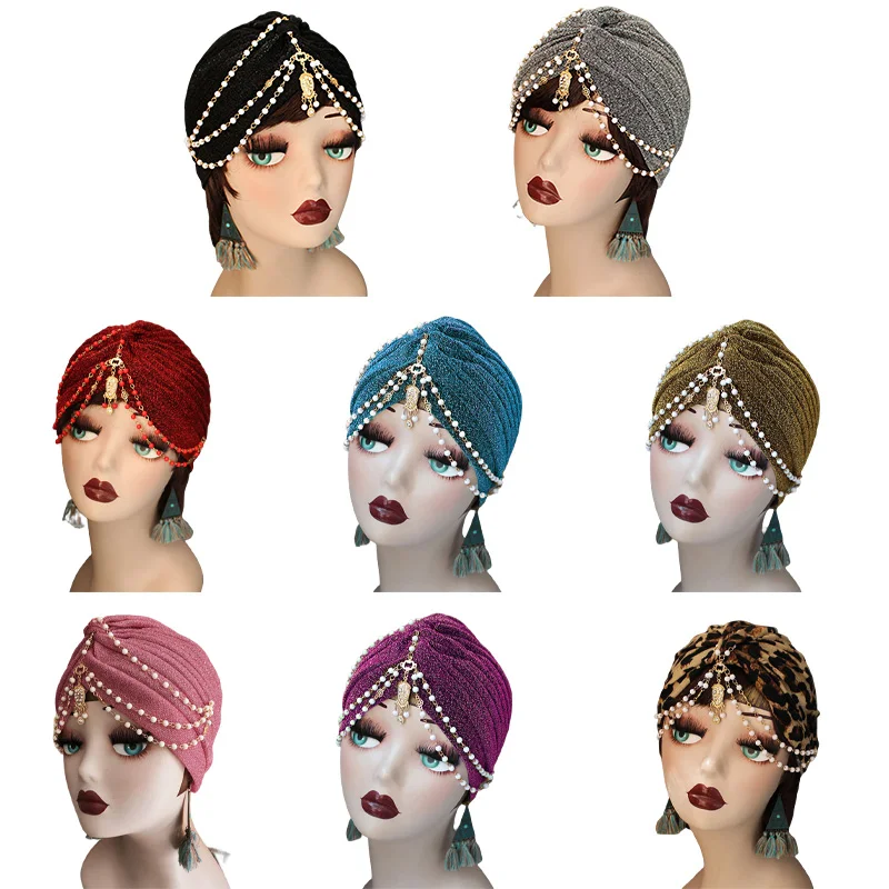 Moda exótica muçulmano turbante feminino boho pérola corrente cabeça cachecol gorro hijab boné sólido/leopardo árabe dança festa envoltório turbantes