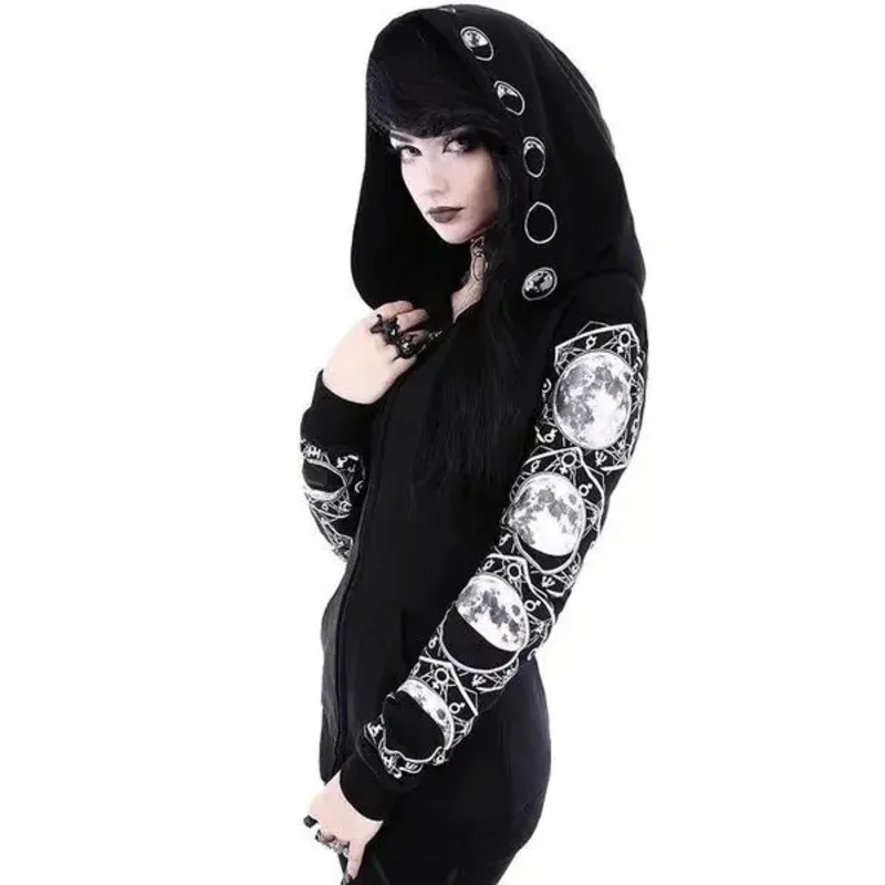

Новинка 2025 года, женские костюмы для косплея с капюшоном и длинными рукавами в готическом стиле ведьмы и луны, толстовка большого размера с капюшоном на молнии P eqs9X