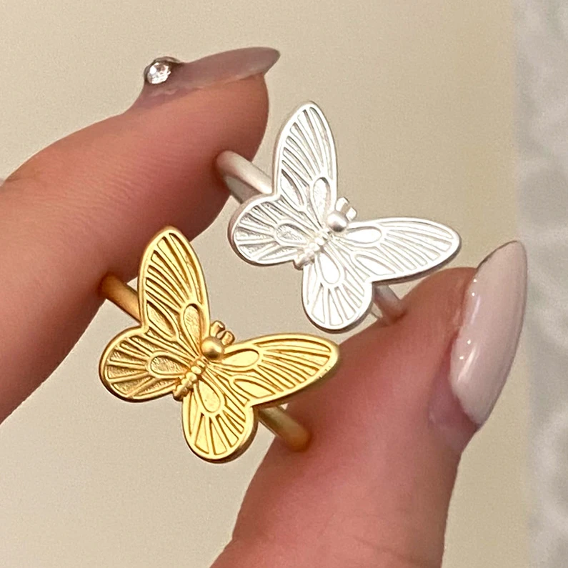 

PONYKISS 925 Sterling Silver 18K Gold Matte Butterfly Opening Rings for Women Minimalist Fine Jewelry Cute Insect Accessories
