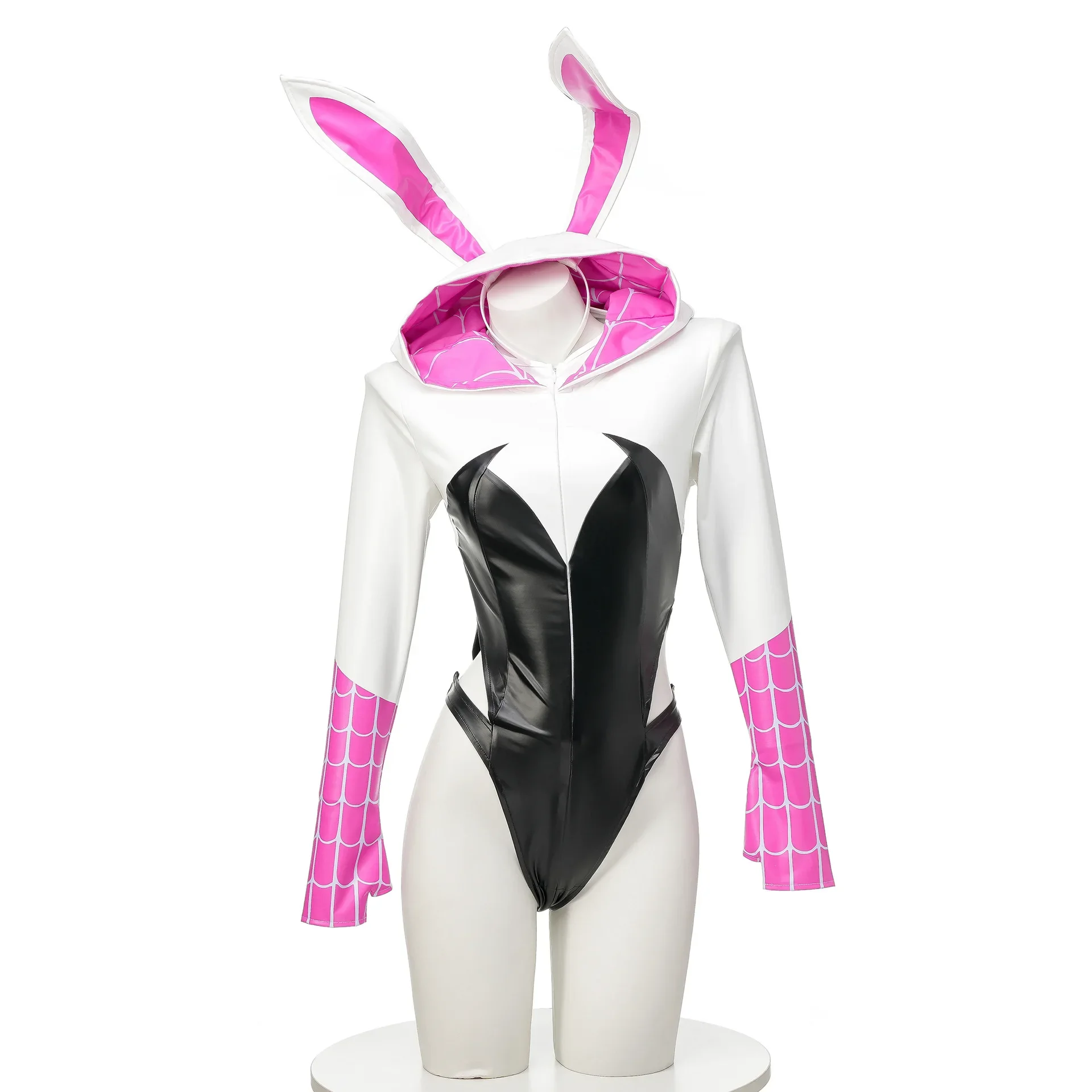 

Spider Gwen Women Bunny Hooded Jumpsuit Movie Comic Role Play Long Sleeve Leather Bodysuit Cosplay Costume