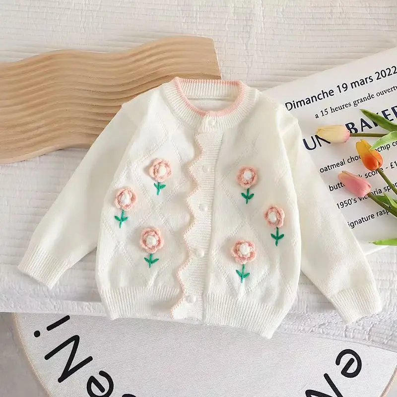 Kids Girls' Spring and Autumn Knitted Cardigan New Girl Baby Flower Handmade Sweater 2025 New Western Cute Children's Sweater