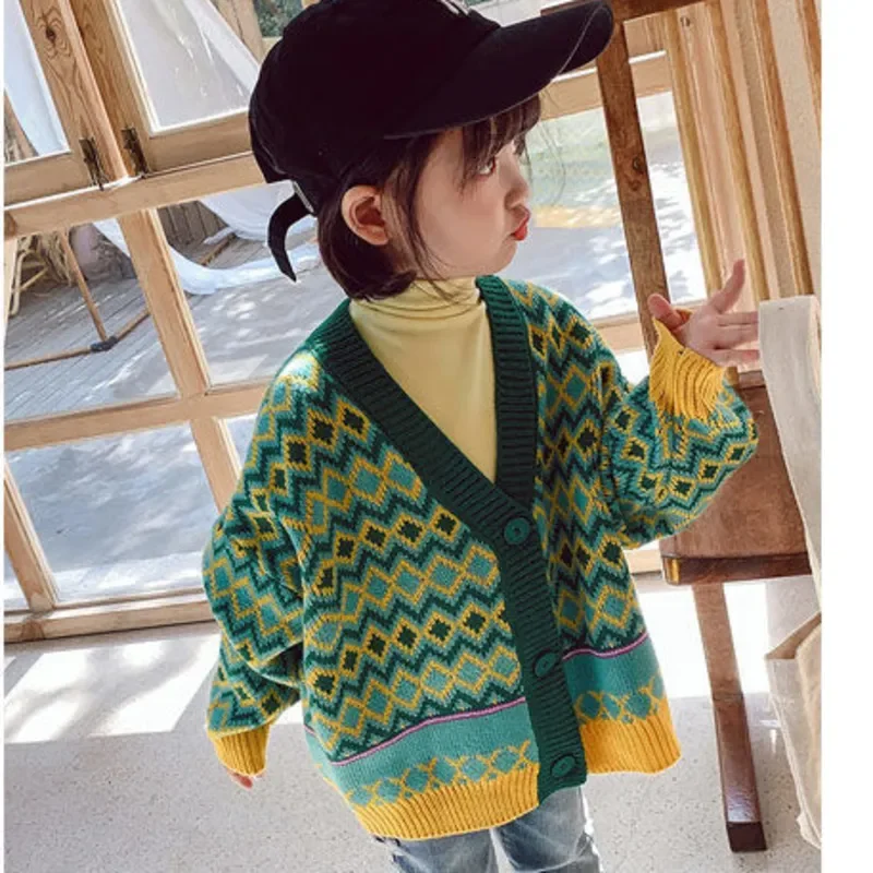 2023 Spring Autumn Girls Boys Green Sweater Children Clothing Baby Cardigan Kids Clothes Children\'s Casual Coats Knitted