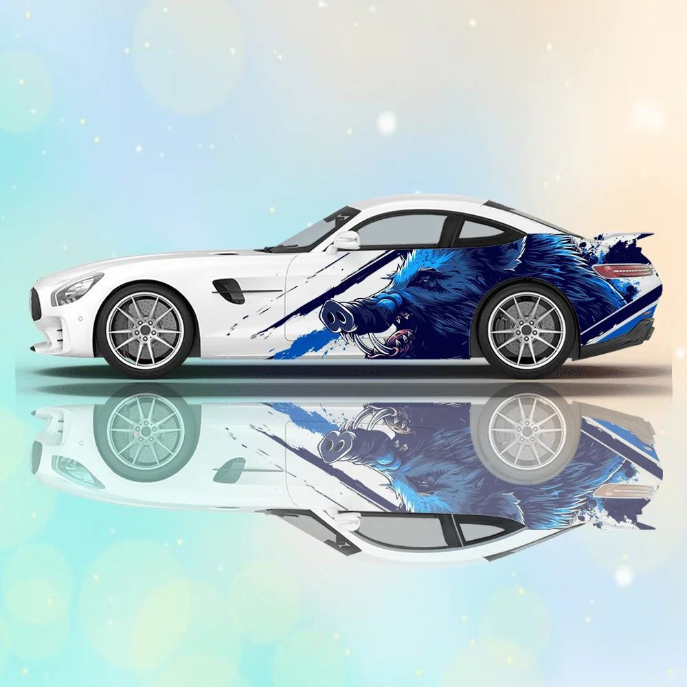 

Lines with Wild Boar Head Print Car Side Sticker Decoration Protect, Waterproof Self-adhesive Decal Auto Accessories Wrap Cover