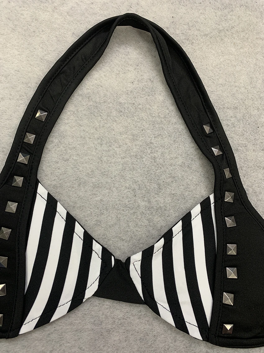 Punk Harajuku Aesthetics Rivet Halter Bikini Women Fashionable Black White Stripe Two Piece Swimsuit Summer Beach Bathing Suits view 6