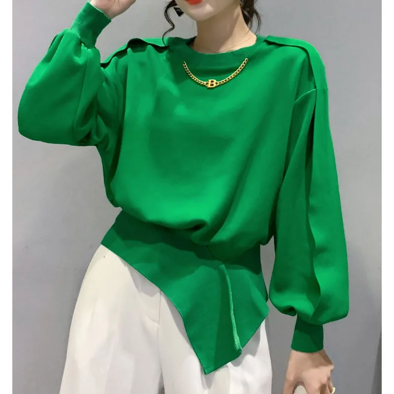 New Autumn Fashion Trend Design Sense Irregular Hem Waistband Round Neck Loose Versatile Western Style Slim Women\'s Sweater