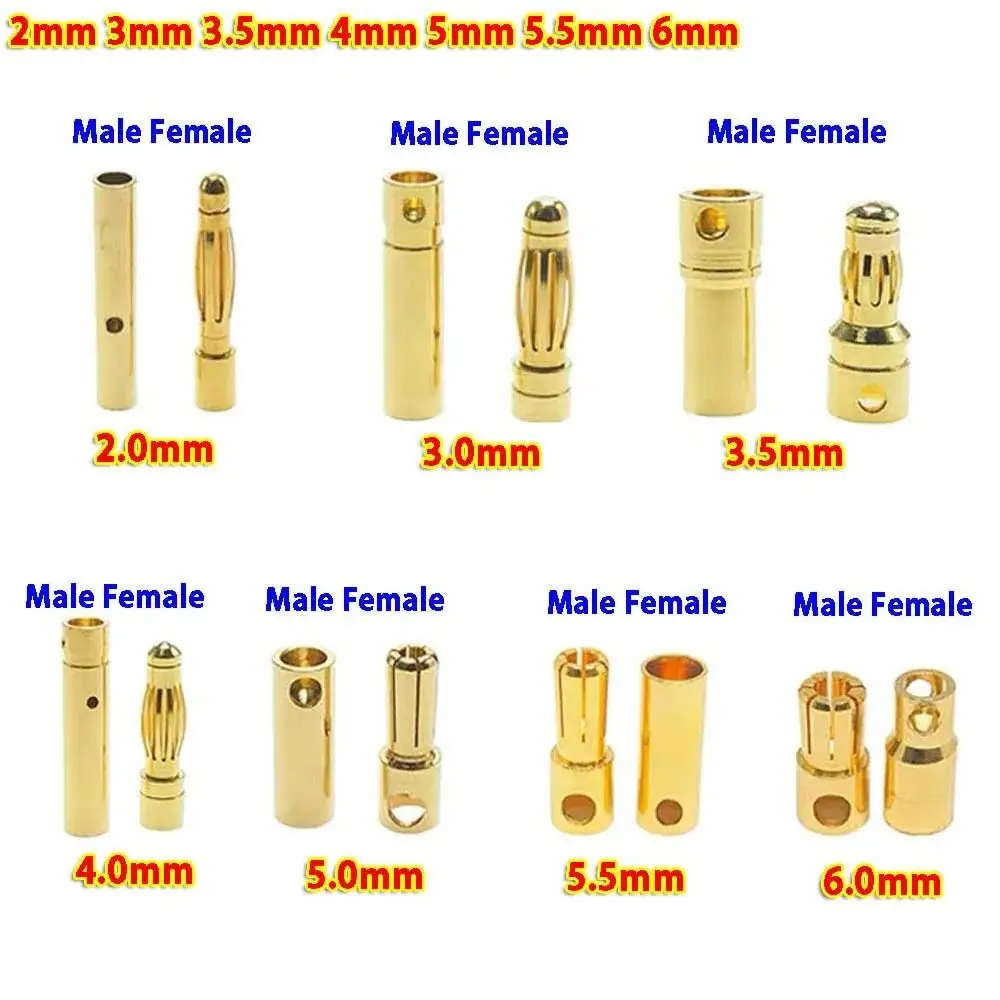 High Quality Battery Gold-plated Bullet Banana Plug 2mm 3mm 3.5mm 4mm 5mm 5.5mm 6mm Bullet Banana Connector Plug DIY