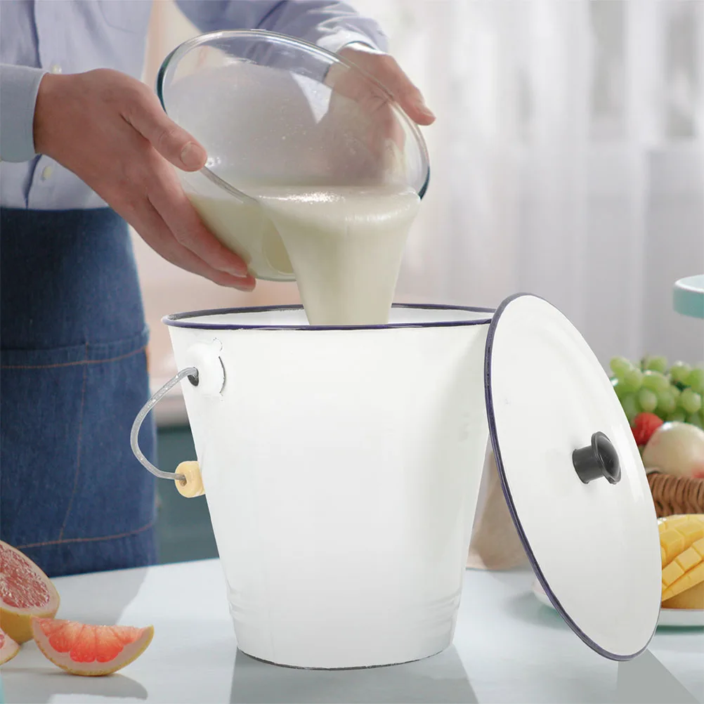

Enamel Bucket Large Pail Storage Lid Milk Transport Containers White Wooden Small Ice Food Chamber Metal Can Laundry Room
