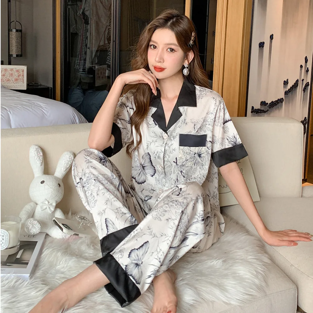 Print Womens Pajamas Faux Silk Satin Sleepwear Set Soft Short Sleeve Tops with Pants Pajama 2 Pieces Lingerie Women Home Suit