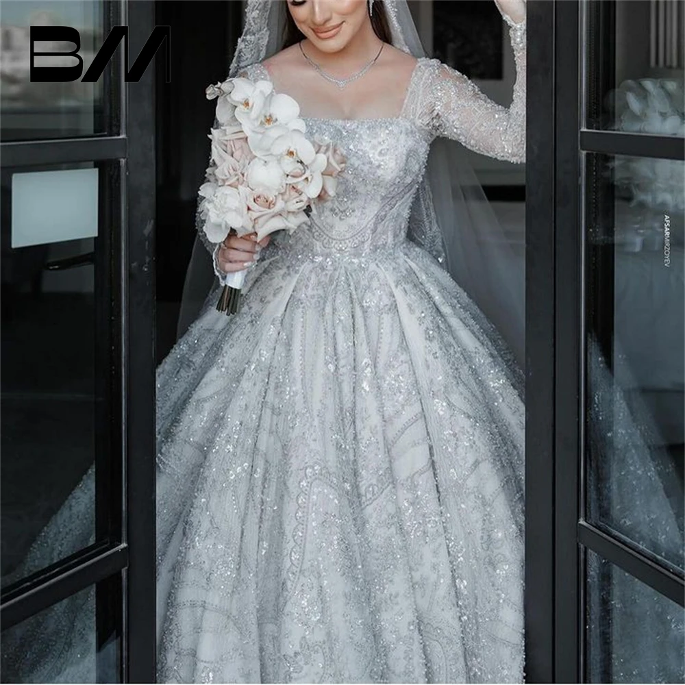 Embroidery Ballgown Wedding Dresses For Women Luxury Arabic Bride Dress Square Neckline Bridal Gown Lace-up Closure Long Chapel