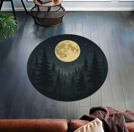 Round Fox Rug Woodland Moon Mushroom Carpet Boho Forest Animal Decor Cottagecore Celestial Area for Living Room or Nursery Decor