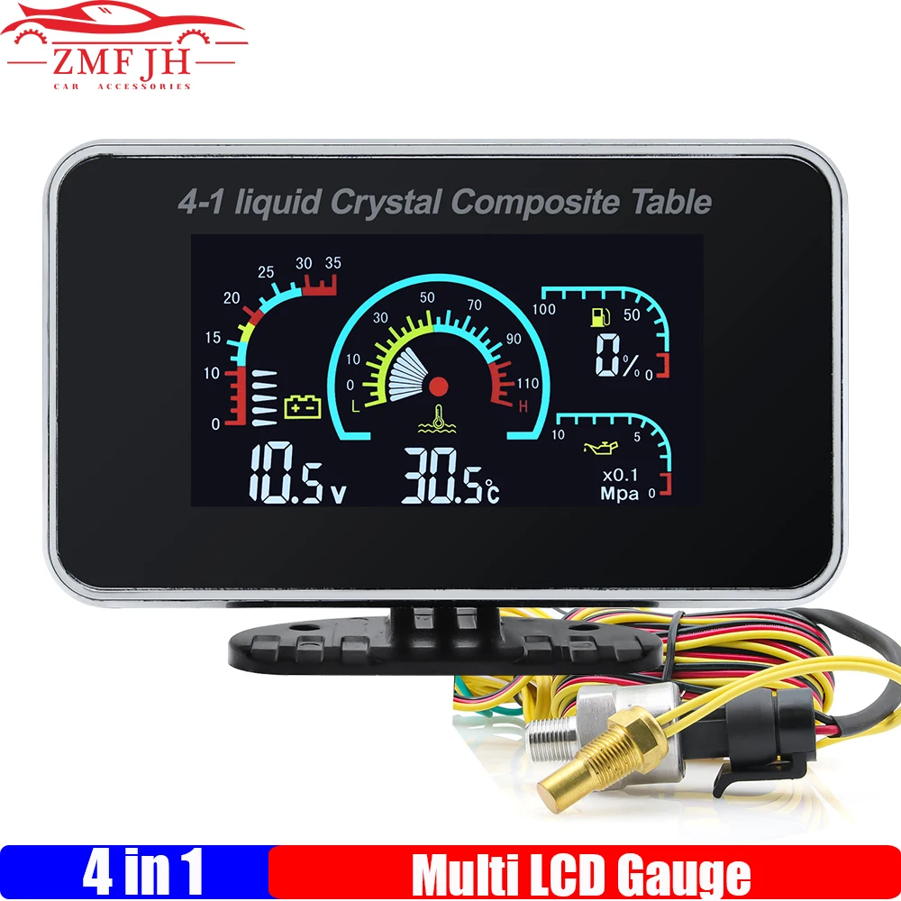 4 In 1 LCD Gauge Water Temperature+Oil Pressure+Fuel Level Gauge+Voltmeter with Sensor 1/8NPT for Universal Truck Car 12V 24V