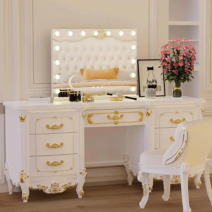 Make-upspiegel, 15 led-lampen, 3 kleurenverlichting, mooie make-up verlichte spiegel, aluminium metalen frame 23 x 18