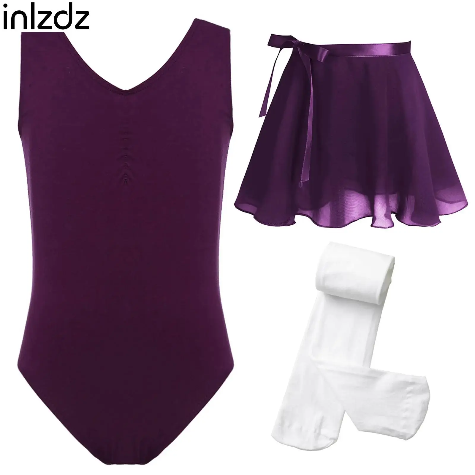 Ragazza per bambini Ginnastica Balletto Jersey Abito Figura Pattinaggio su ghiaccio Body senza maniche increspato + Gonna in chiffon con cravatta + Collant Dancewear