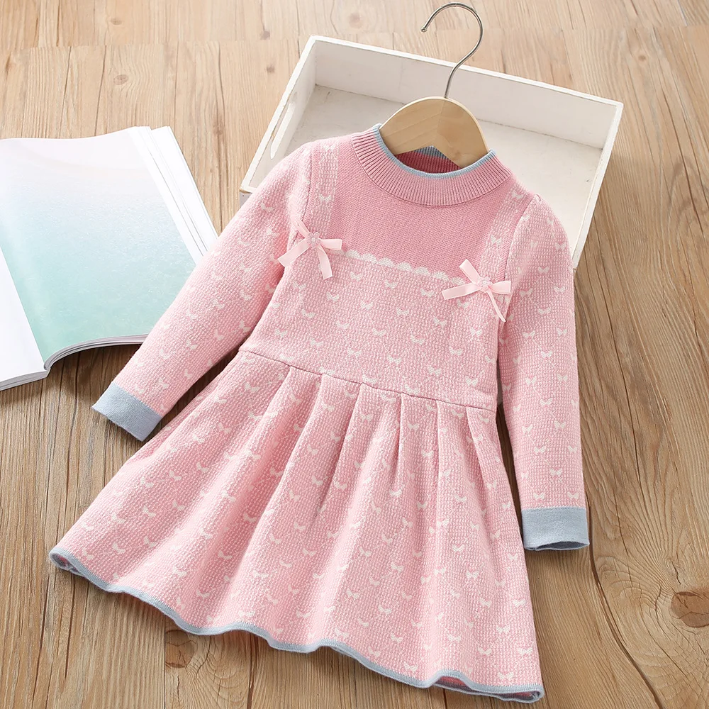 Children's Dress 2024 Autumn/Winter New Korean Edition Girl's Round Neck Bow Long Sleeve Versatile Knitted Sweater Dress 2-6Y