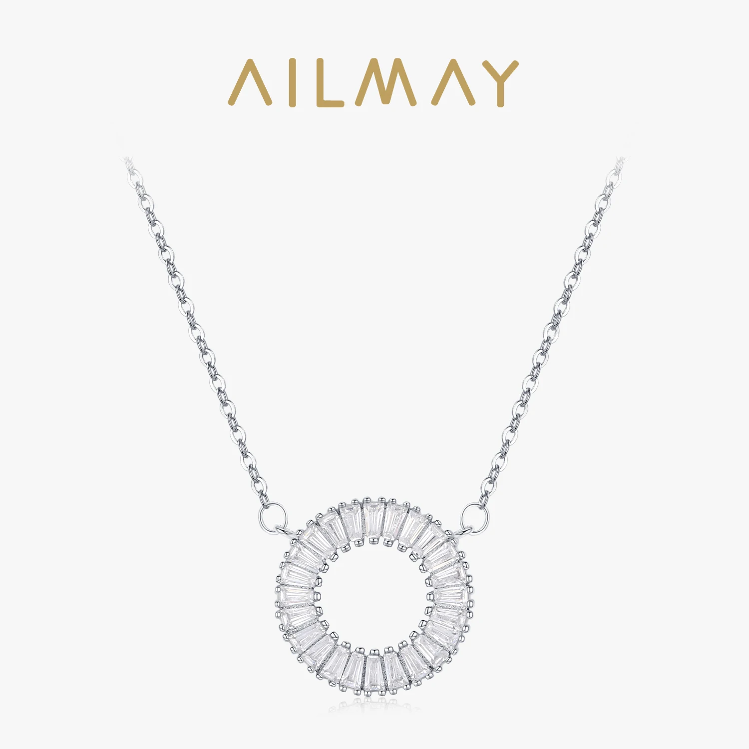 Ailmay Sparkling Clear Zircon 925 Sterling Silver Round Pendant Necklace For Women Wedding Engagement Fine Female Jewelry