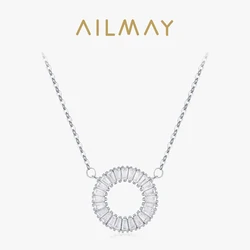 Ailmay Sparkling Clear Zircon 925 Sterling Silver Round Pendant Necklace For Women Wedding Engagement Fine Female Jewelry