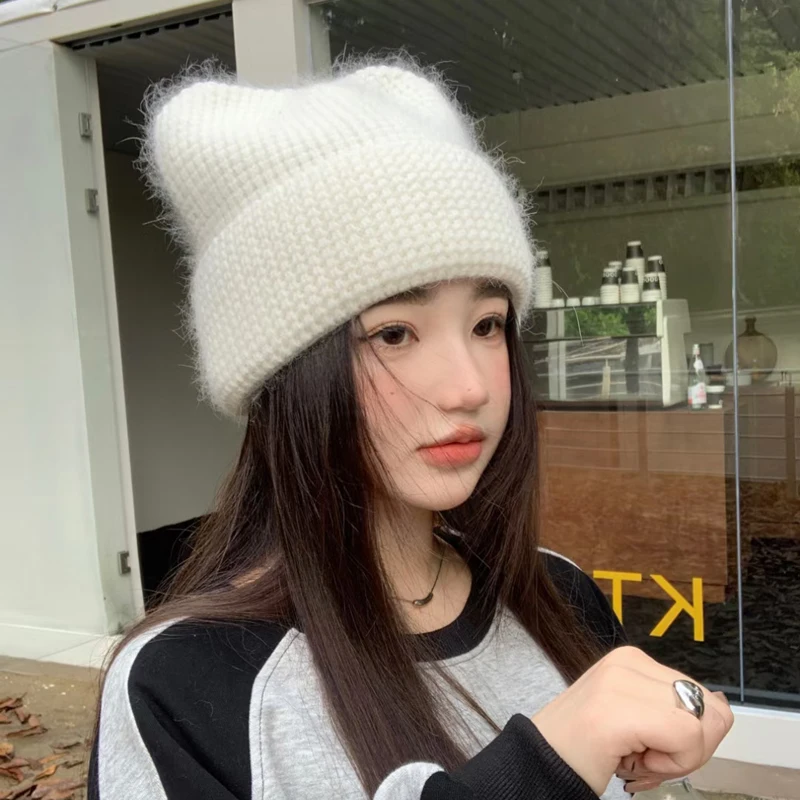 Hot selling solid color rabbit hair knitted hat with pointed ears, cute ear protection, warm winter versatile woolen hat