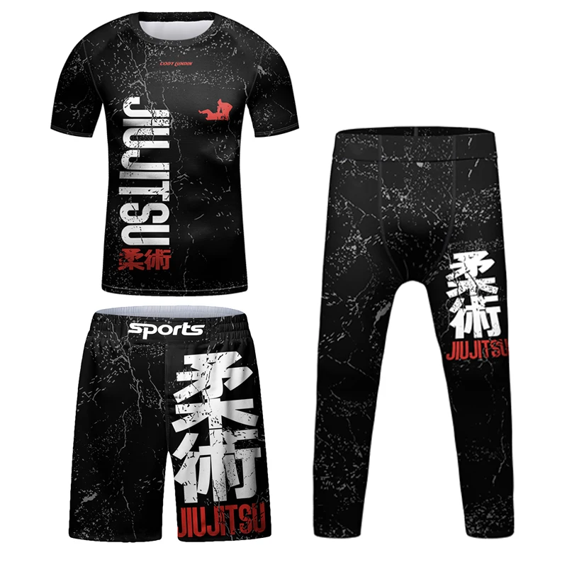 Dziecko Kimono Jiu Jitsu rshguard dzieci t-shirt Mma + spodnie 4 szt./zestaw spodenki Muay thai Bjj wysypka strażnik chłopiec boks koszulki sportowe