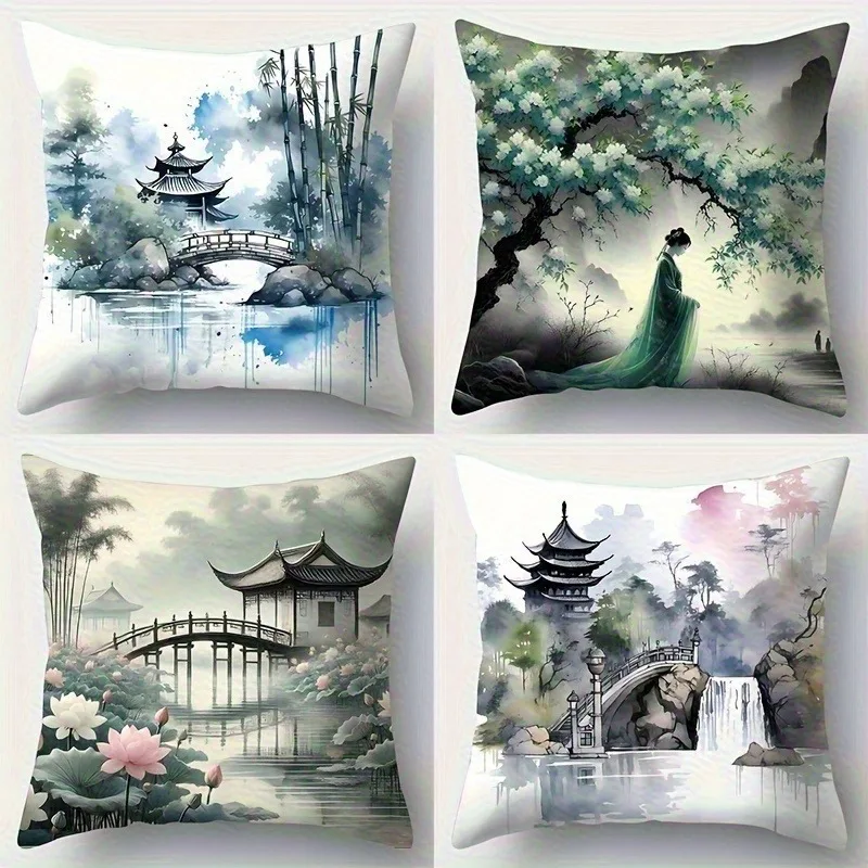 

Ethereal Chinese Watercolor Landscape Pillowcase:Pagoda & Bamboo Pattern Decorative Cushion Cover for Serene Oriental Home Decor