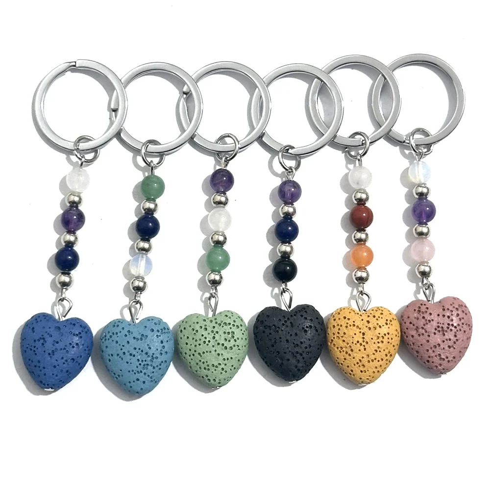10pc Chakra Beads Heart Lava Stone Charms Keychains DIY Perfume Essential Oil Diffuser Pendant Jewelry Accessories for Men Women