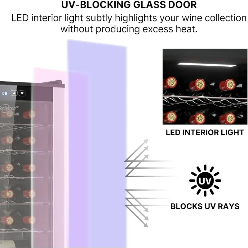 Koolatron 24 ขวดคอมเพรสเซอร์ตู้เย็นตู้แช่ไวน์สีดําห้องเก็บไวน์อิสระพร้อมแก้วปิดกั้น UV