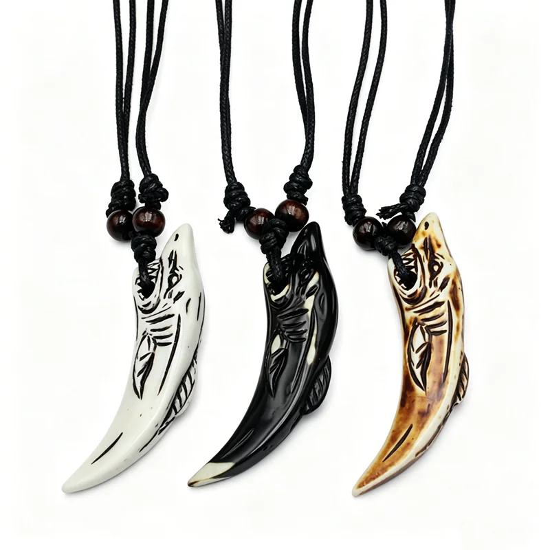 Tribal Shark Tooth Pendant Necklace - Resin, 3 Colors Adjustable Black Cord with Wood Beads, Surfer Boho Jewelry