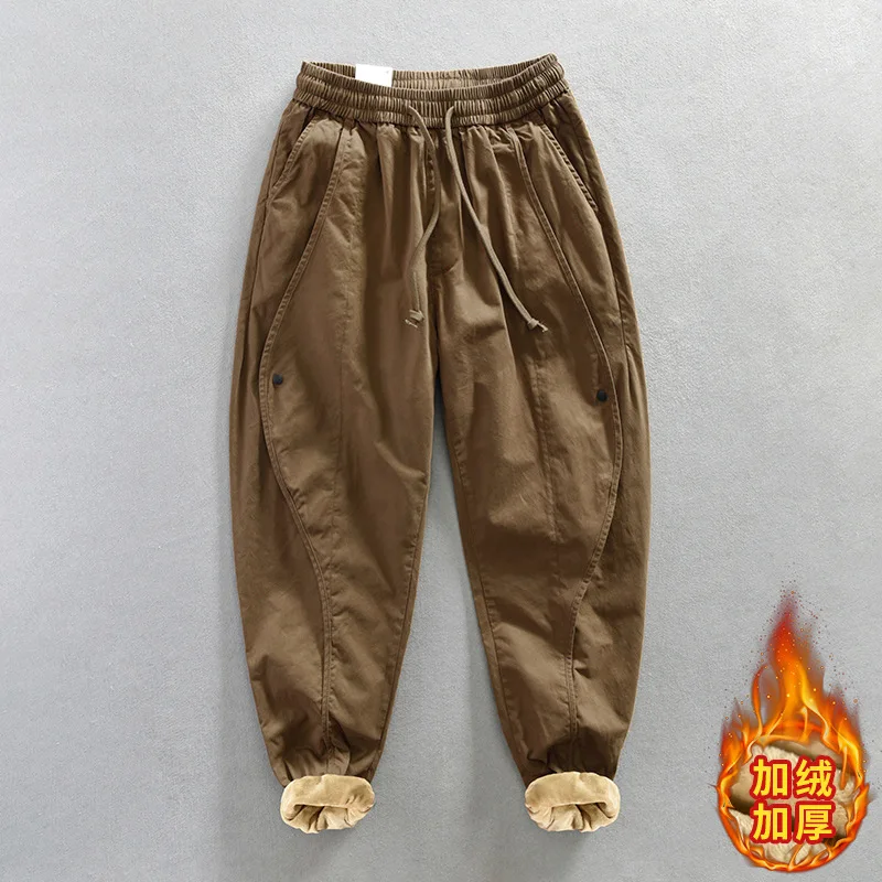 

Winter Pants Men Japanese High Street Khaki Cargo Pant Drawstring Elastic Waist Fleece-lined Pants Youth Fashion Men Trousers