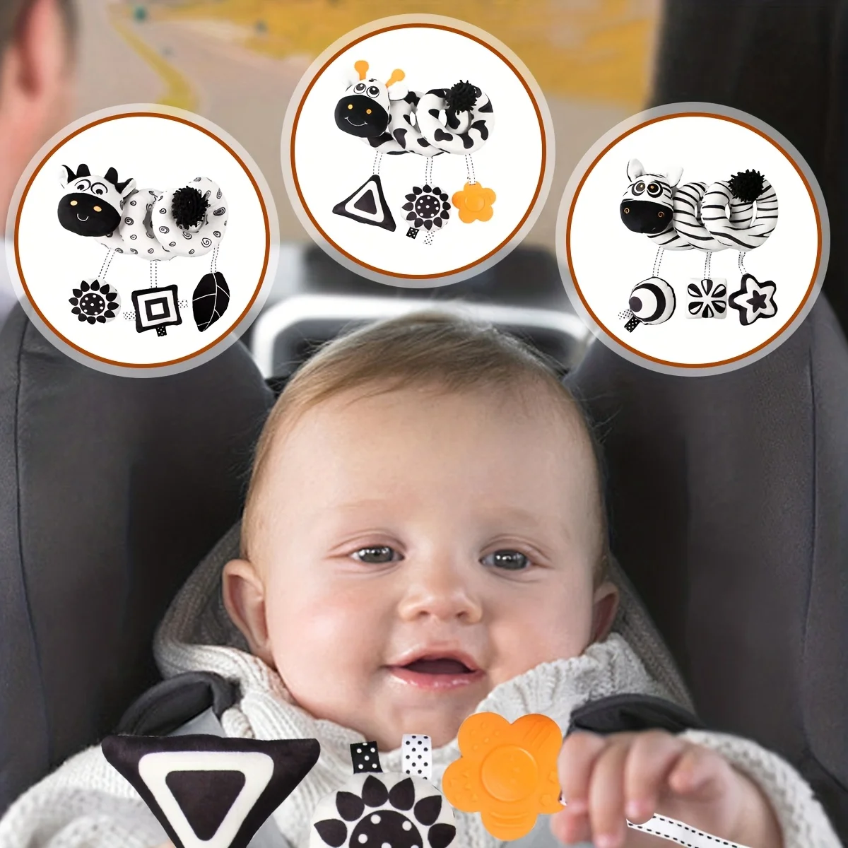 아기의 흑백 동물 시각 자극 침대 와인딩 카, 3개의 만화 장난감이 달린 나선형 플러시 장난감, 무작위 색상