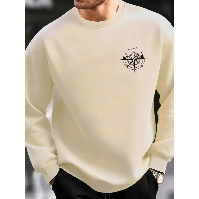 Men's autumn and winter casual loose fashion classic compass and mountain pattern printed long sleeved round neck sweatshirt