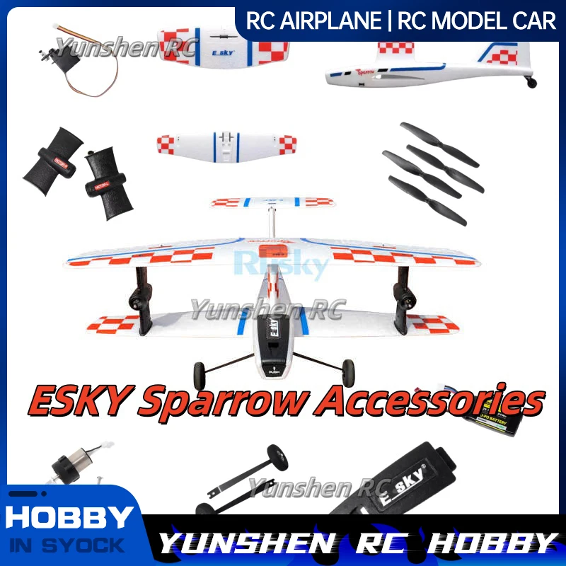 Accessoires pour biplan Esky Sparrow, fusélage, ailes principales, hélices, compartiments pour moteurs, train d'atterrissage, moteurs, supports d'ailes