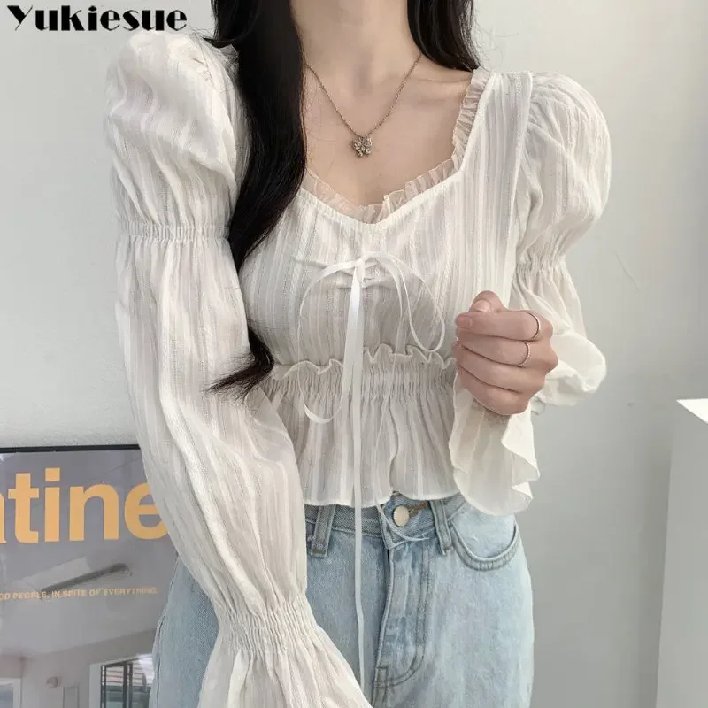 

Korean Spring Summer French Pleated Lantern Long Sleeve Shirt Women's Square Collar Lace Sweet Elegant Blouse Advanced Sense