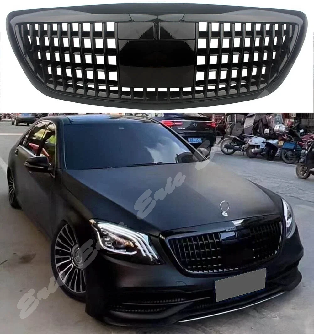 Front Racing Facelift Grilles For Mercedes-Benz W222 S600 S550 S500 S450 S350  With Camera Flip ACC 2014-2020 Glossy Black