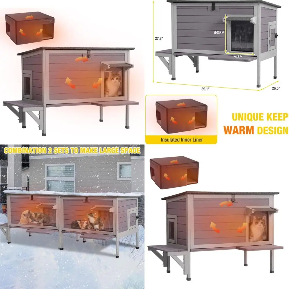 

Утепленный уличный домик для кошек на 1-3 кошек, всепогодный деревянный кошачий домик с удобной дверцей