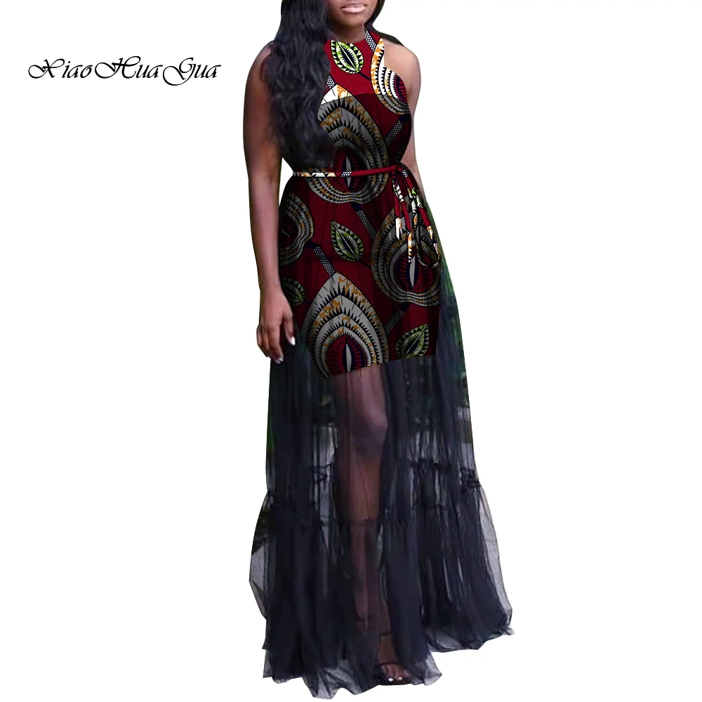 

African Dresses for Women Bazin Riche Print Wax Gauze Dress Maxi Sleeveless Dress Party Women African Clothing Plus Size WY9504