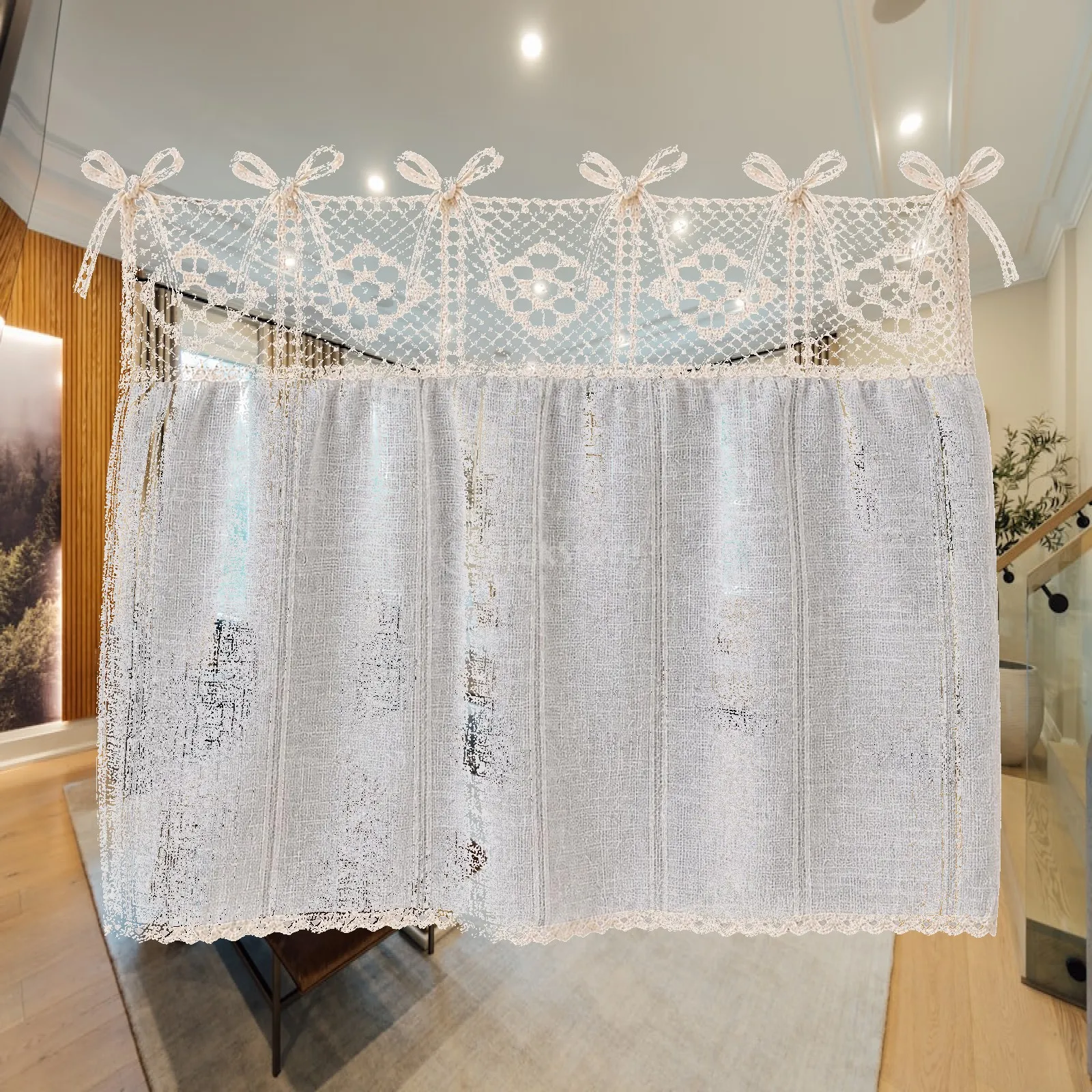 Oven Front Curtain Adjustable Tie-Top Kitchen Curtain Oven Skirt Drill-No-Drill Clutter Concealing for Cabinet Fronts