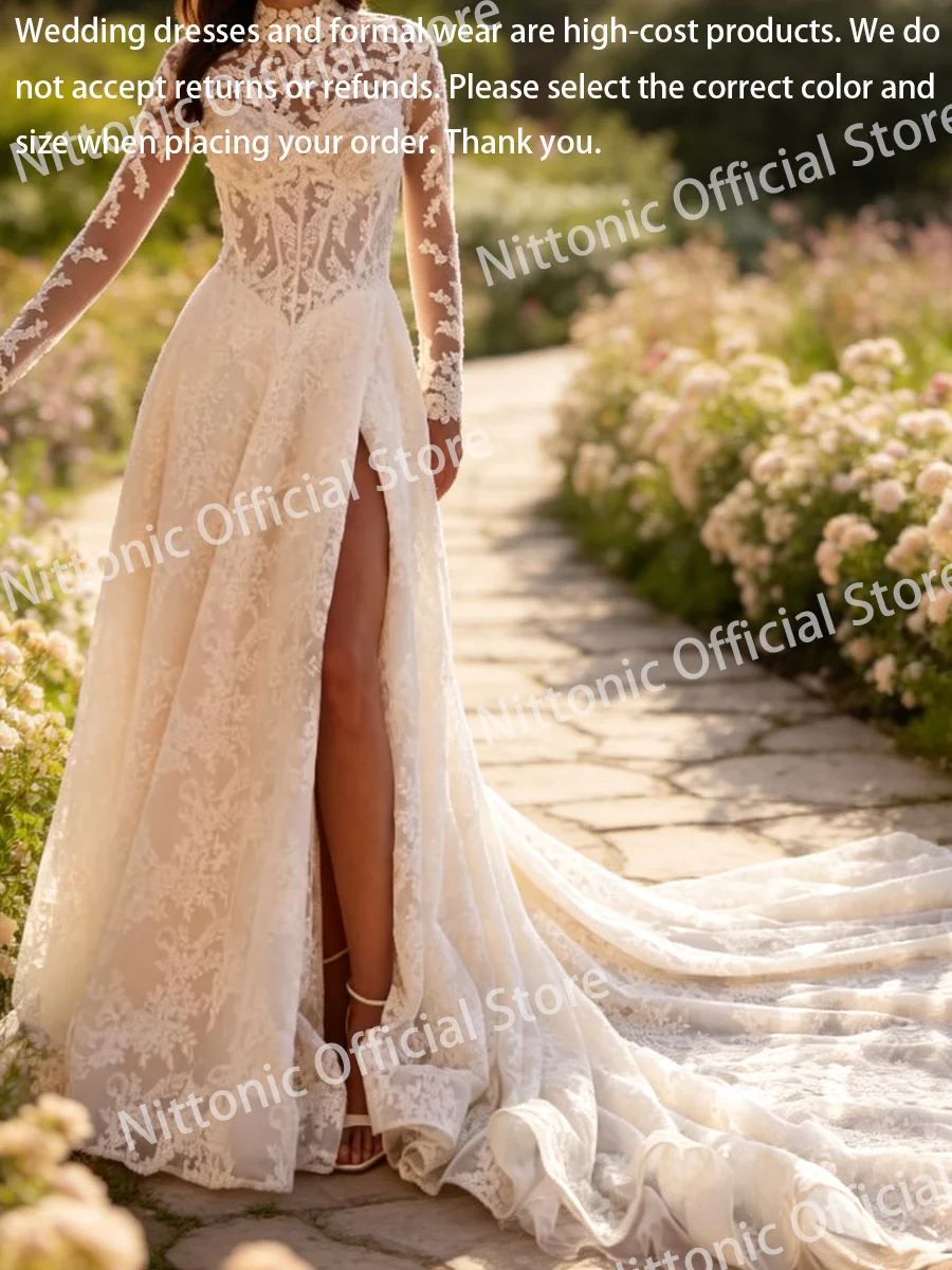 Elegant High Collar Lace Full Sleeve Side Slit A-Line Bride Wedding Dresses Bridal Gowns Customized