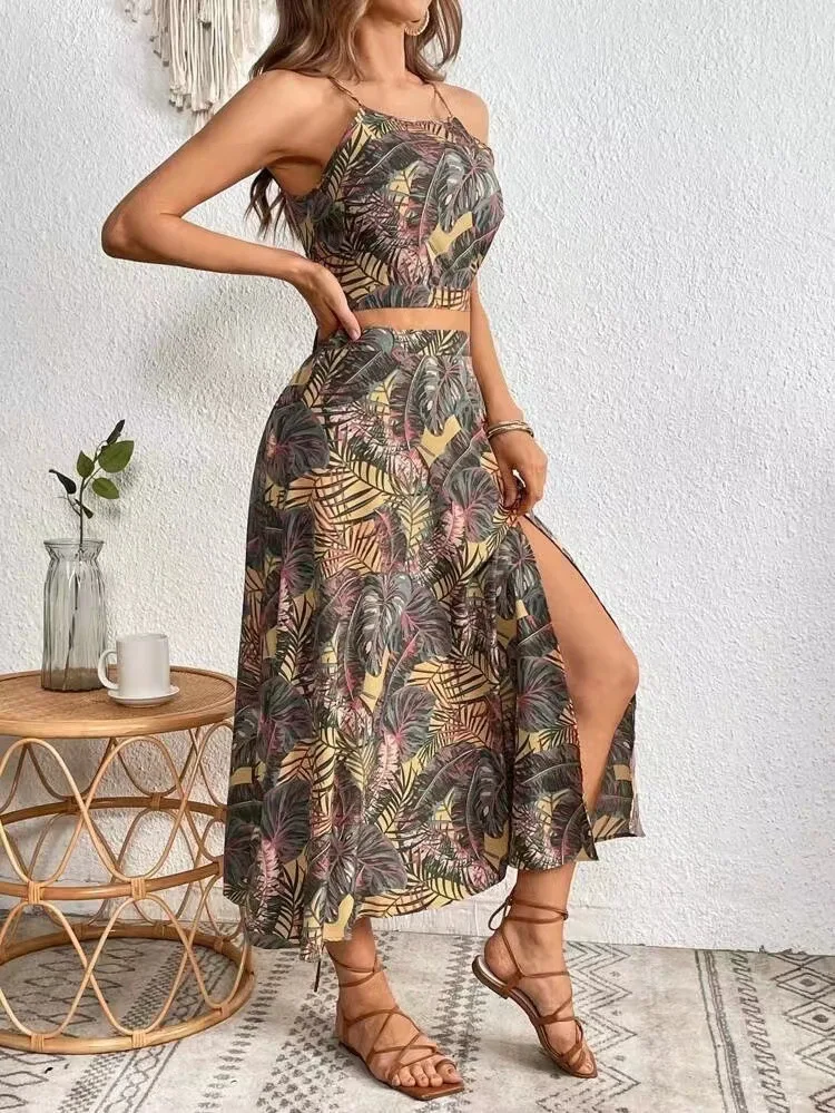 Fashion Chic Printed Skirt Two Piece Set For Women Bodycon Leace-up Short Spaghetti Strap Top Slit A-line Skirts Sets Summer New