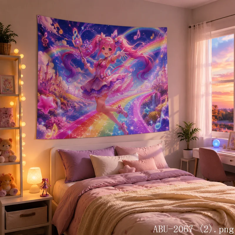 VIKAMA Rainbow Idol Singer Tapestry Musical Notes Pastel Sky Kawaii Anime Teen Room Decor