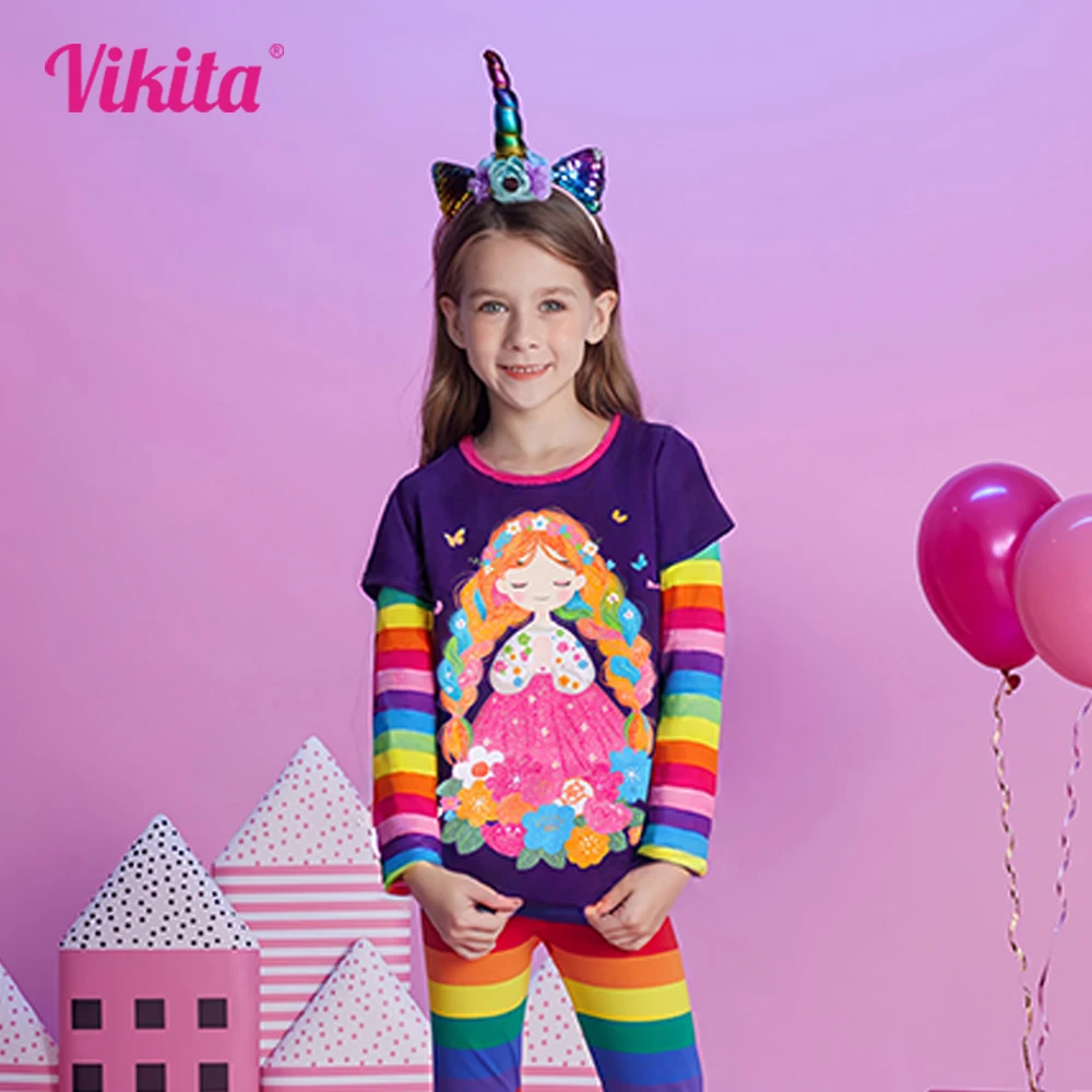 

VIKITA Girls Flower Butterfly Doll Print T Shirt Kids Purple Long Sleeve Rainbow Striped Long Sleeve Cotton Casual Tops and Tees
