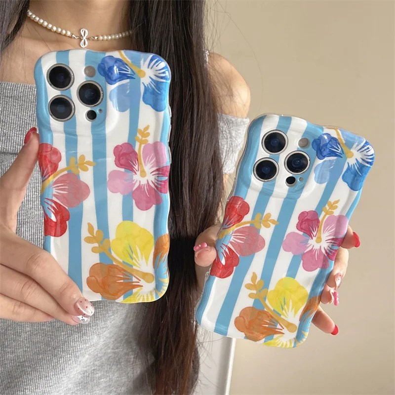 

Korean Cute Flower Stipe Wavy Phone Case For iPhone 16 Pro 13 14 15 Pro Max Cover Silicone Shockproof Lovely Cases 15Pro Funda