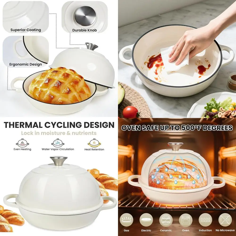 

Эмалированная чугунная хлебница с купольной крышкой, безопасная в духовке до 500 лет. ° F, 6-кварт, Белый