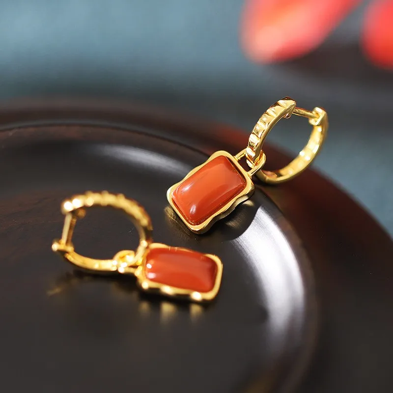 

ES195 ZFSILVER S925 Silver Korean Fashion Hetian Jade Jasper South Red Agate Dangle Rectangle Earrings Jewelry Women Match-all