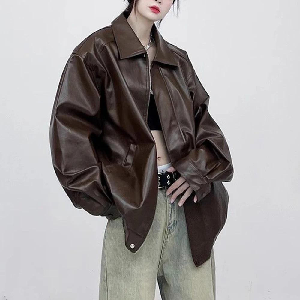 Winter Unisex Solid-Color Long-Sleeve Leather Jacket American Vintage Fashion Trend High Street Casual Loose Simple Neutral Tops