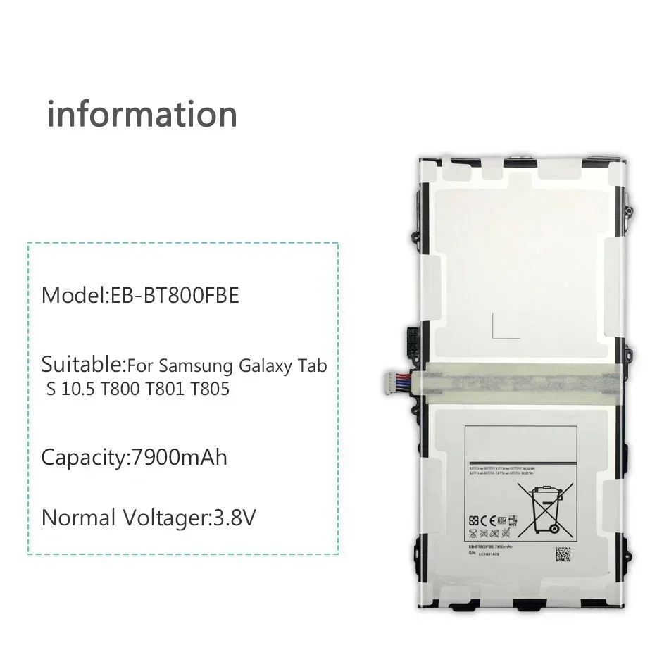 Tablet Li-Polymer Battery for Samsung Galaxy Tab S 10.5 SM T800 T801 T805 SM-T800 SM-T810 Battery 7900mAh EB-BT800FBE Warranty