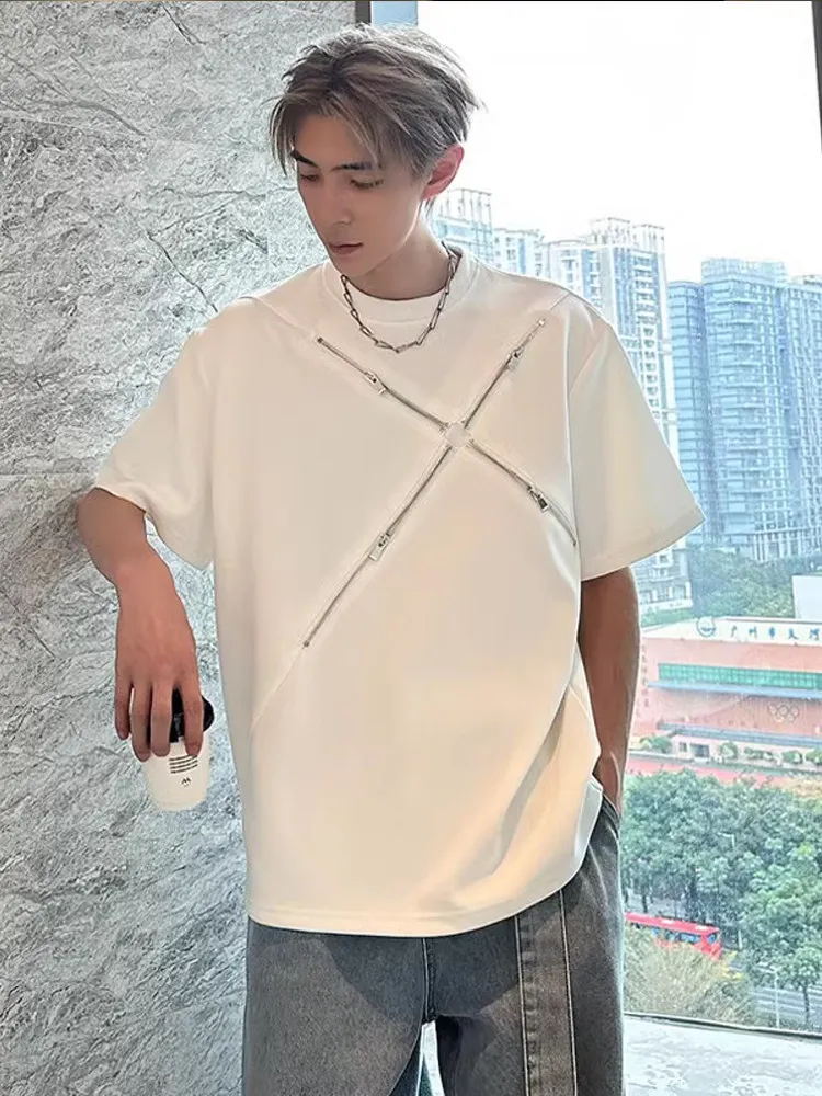 Summer Multi Zipper Splicing T-shirt American Fashion High Street Simple Male Tees Casual Loose Shoulder Padded Short Sleeve Top