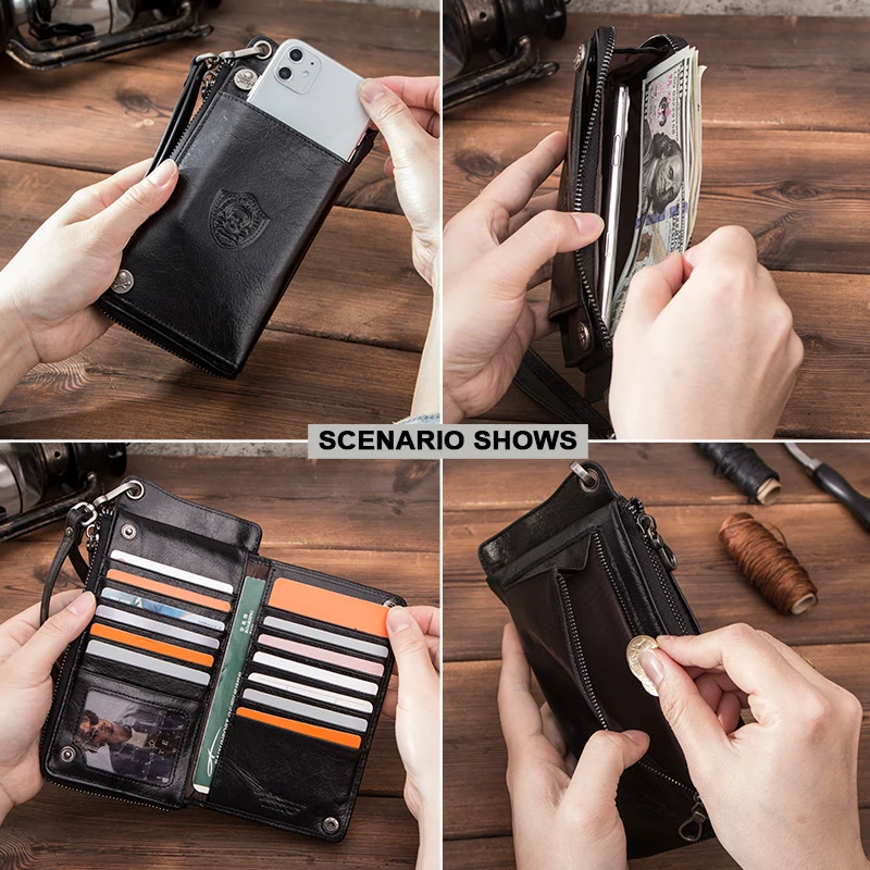 CONTACT'S Genuine Leather Men Wallet Long Clutch Casual Wallet Zipper Coin Purse Card Holder Phone Pocket Slim Wallett